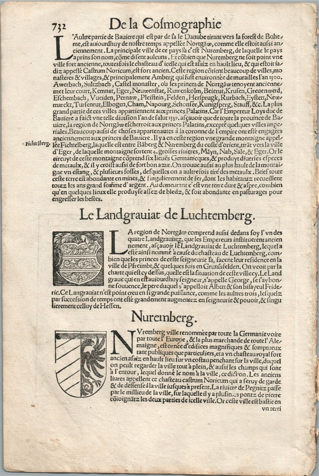 1575 NORDGAU GERMANY VIEW LEAF from BELLEFOREST EDITION of MUNSTER COSMOGRAPHY