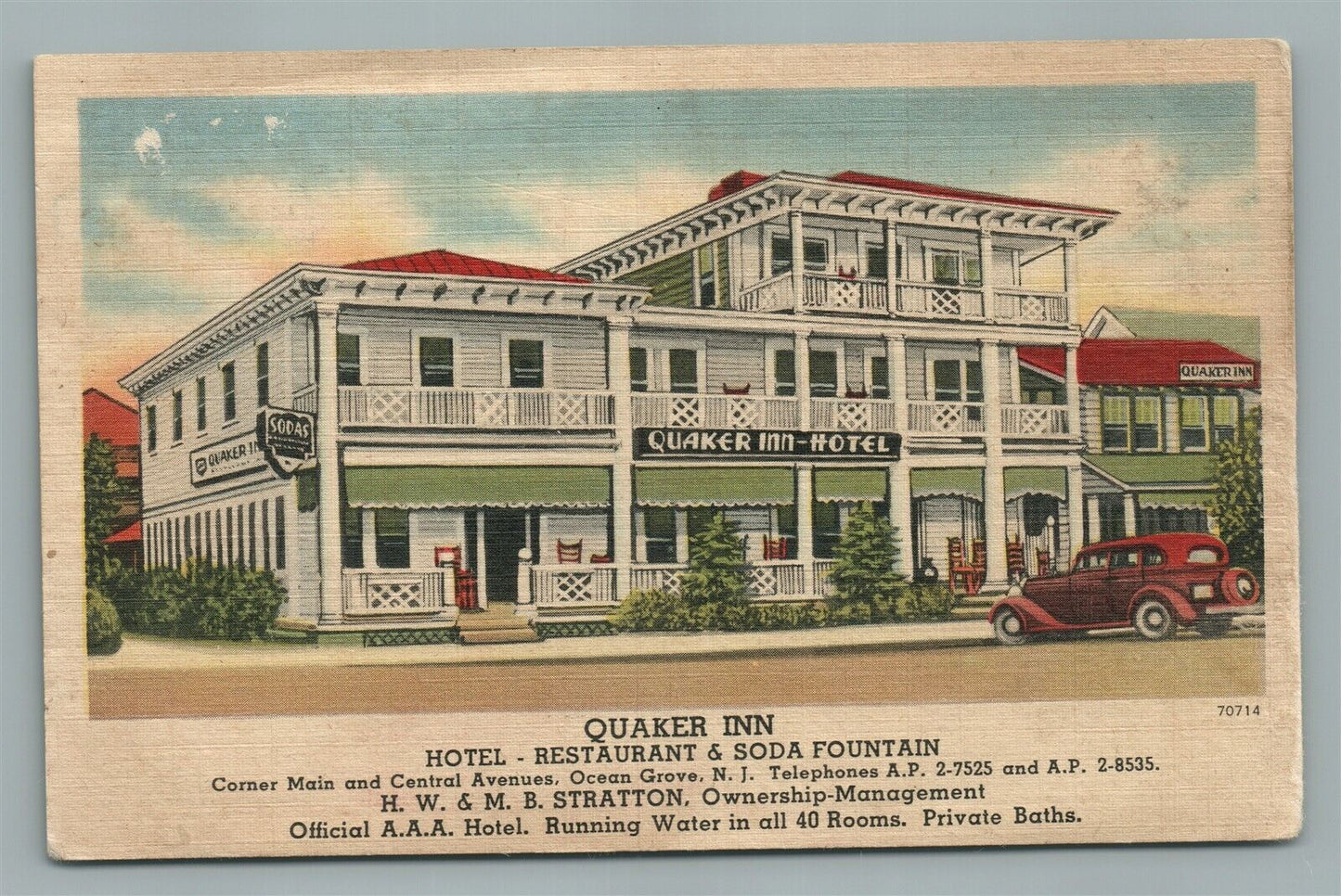 OCEAN GROVE NJ QUAKER INN HOTEL VINTAGE POSTCARD