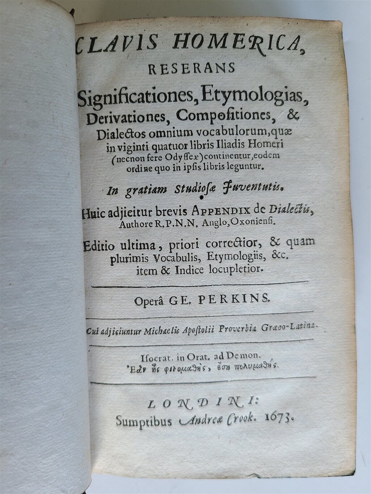 1673 CLACIS HOMERICA TREATISE on HOMER POETRY by GE. PERKINS antique