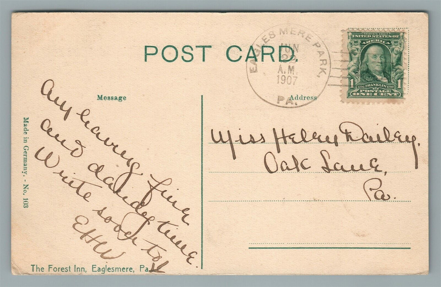 EAGLES MERE PA FOREST INN ANTIQUE POSTCARD