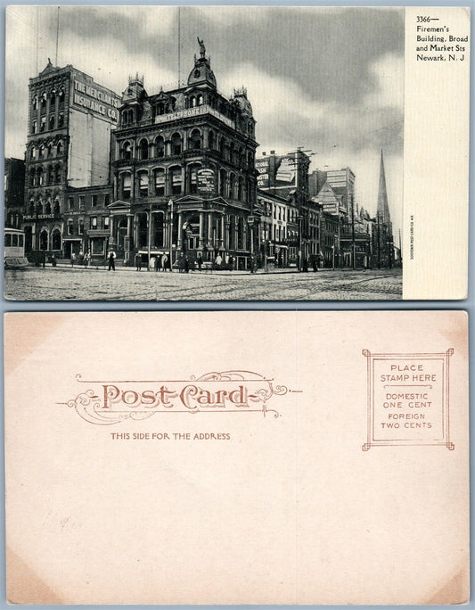 NEWARK N.J. FIREMEN'S BUILDING BROAD & MARKET STREET UNDIVIDED ANTIQUE POSTCARD