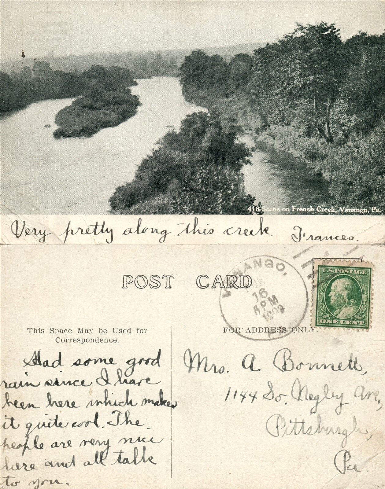 WENANGO PA FRENCH CREEK 1908 ANTIQUE POSTCARD