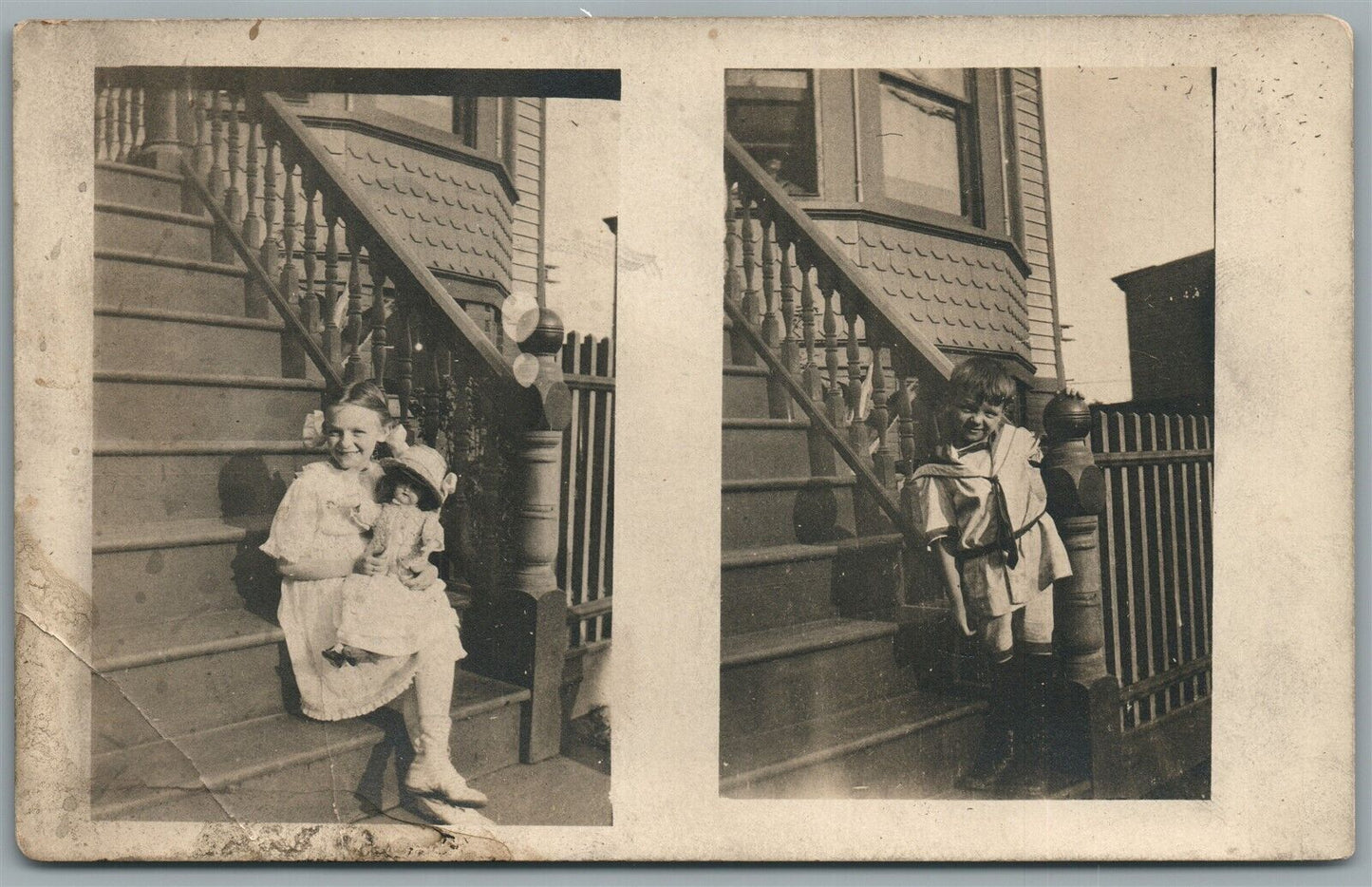 LITTLE GIRL w/ DOLL on the HOUSE PORCH ANTIQUE REAL PHOTO POSTCARD RPPC