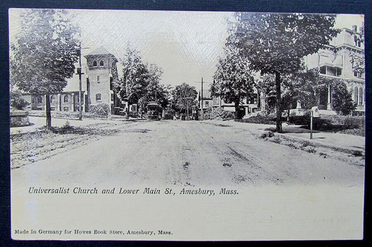 VINTAGE POSTCARD CHURCH & LOWER MAIN STREET AMESBURY MA trolley railroad railway