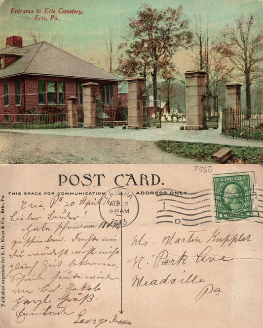 ERIE PA CEMETERY 1913 ANTIQUE POSTCARD