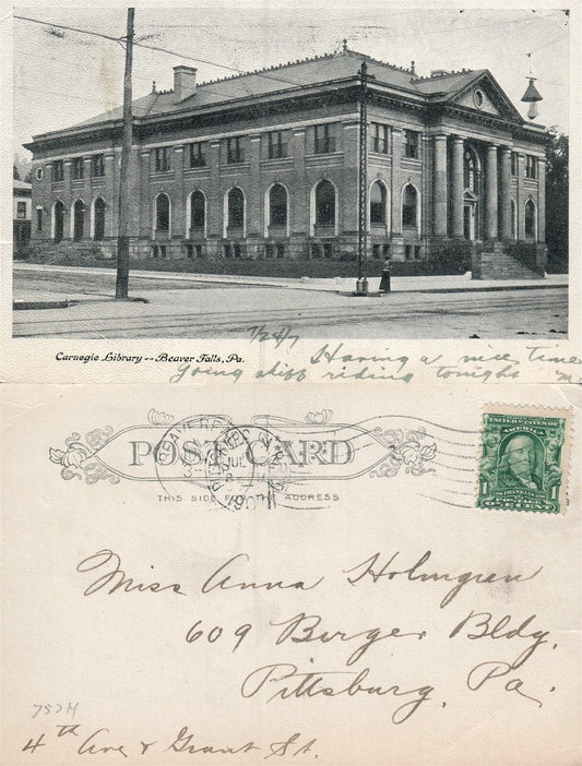 BEAVERS FALLS PA CARNEGIE LIBRARY 1907 ANTIQUE UNDIVIDED POSTCARD