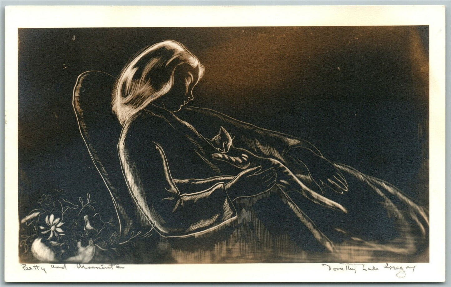 GIRL SLEEPING w/ CAT VINTAGE REAL PHOTO POSTCARD RPPC SIGNED