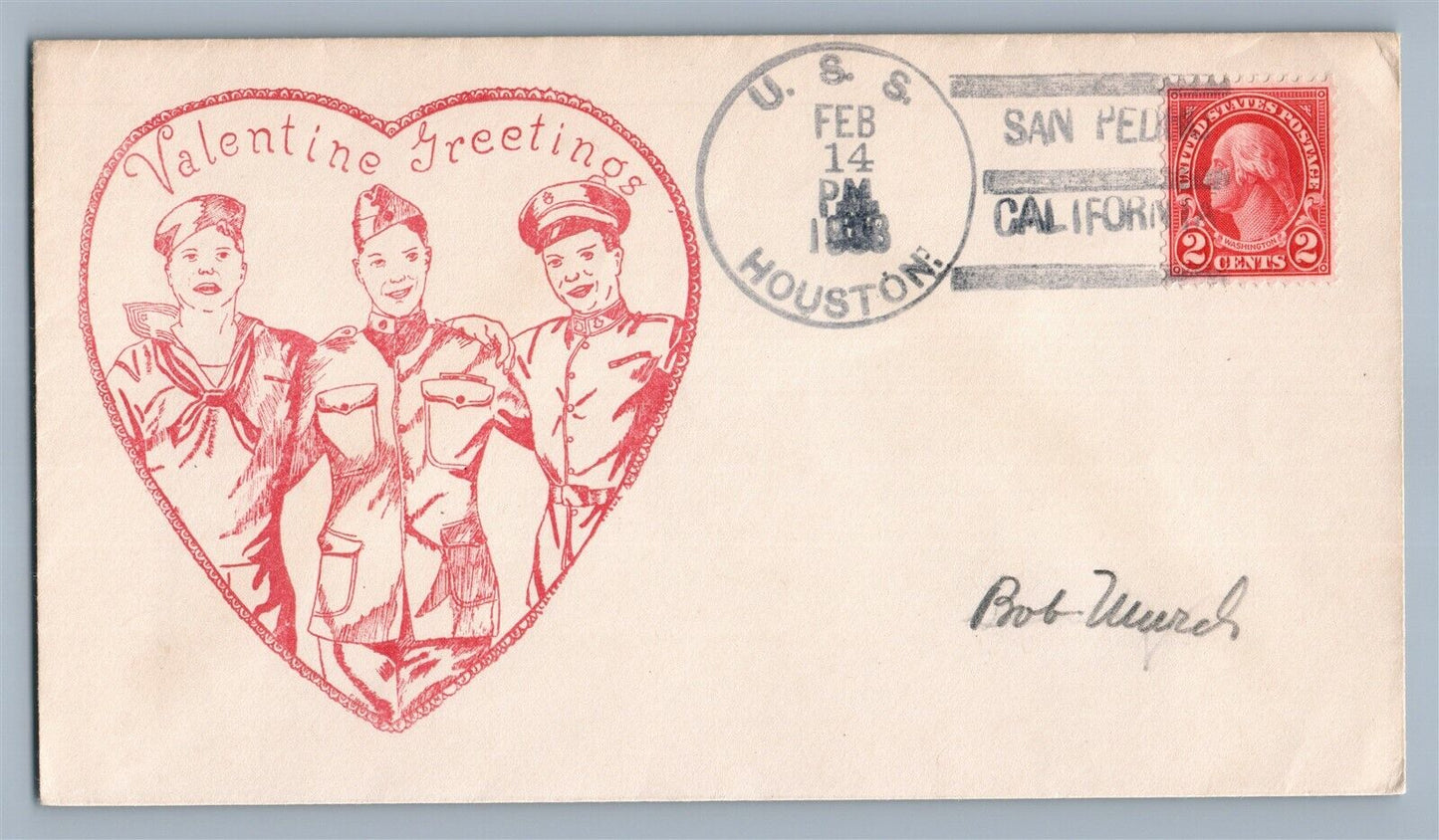 POSTAL COVER USS HOUSTON vintage VALENTINE GREETINGS February 14, 1938 CANCEL