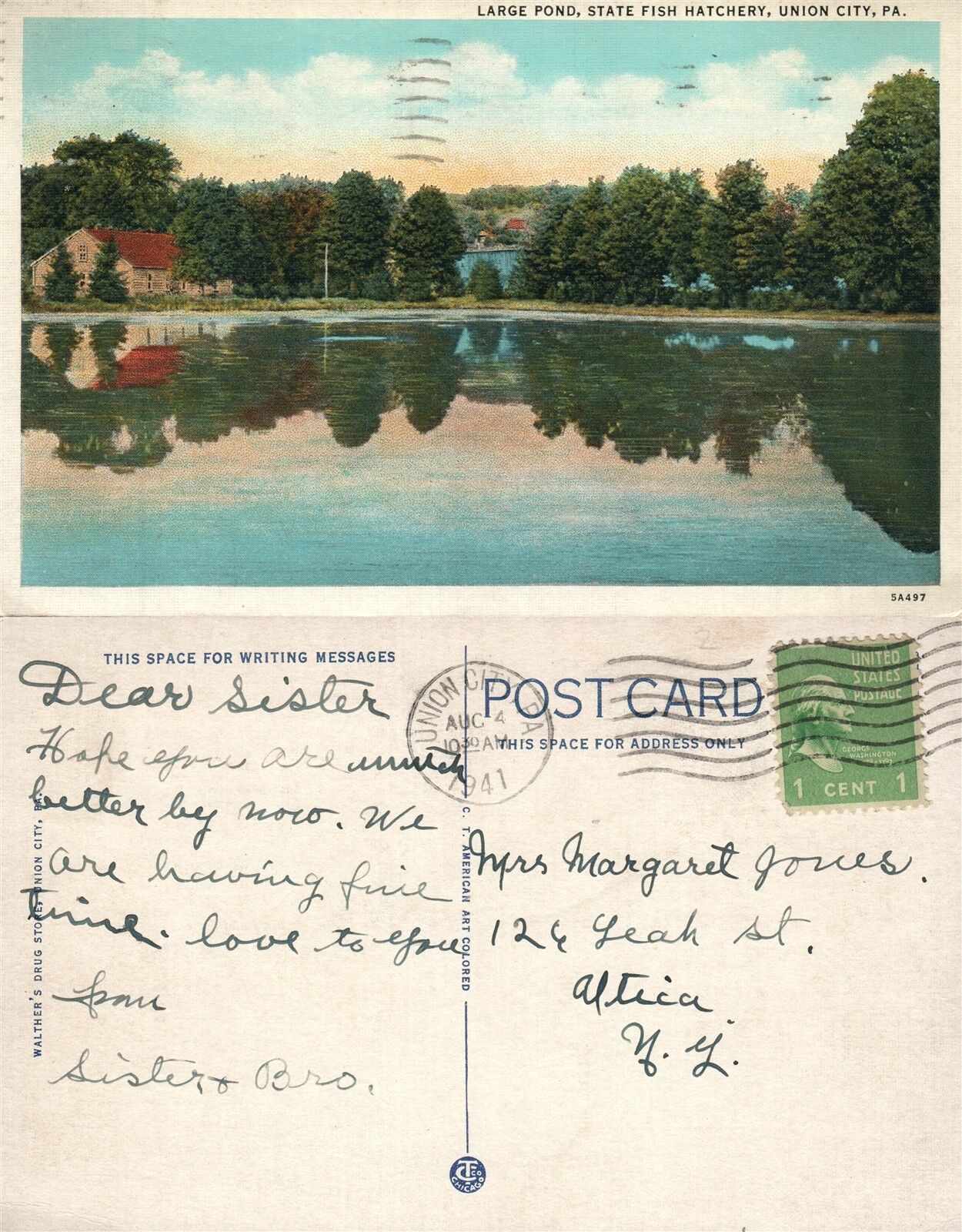 UNION CITY PA LARGE POND STATE FISH HATCHERY 1941 VINTAGE POSTCARD