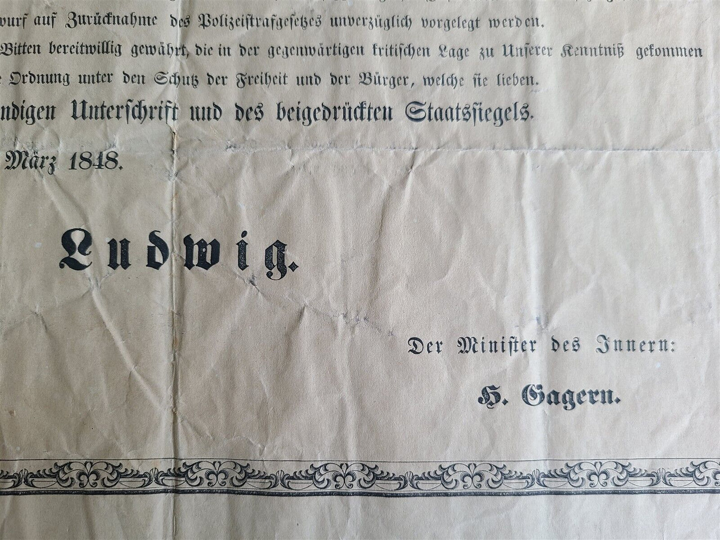 1848 GERMAN BROADSIDE of GRAND DUKE LUDWIG III antique 16.5 by 20.5"