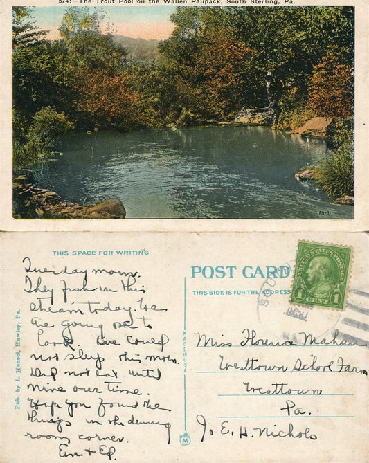 SOUTH STERLING PA WALLEN PAUPAK TROUT POOL 1930 ANTIQUE POSTCARD w/ CORK CANCEL