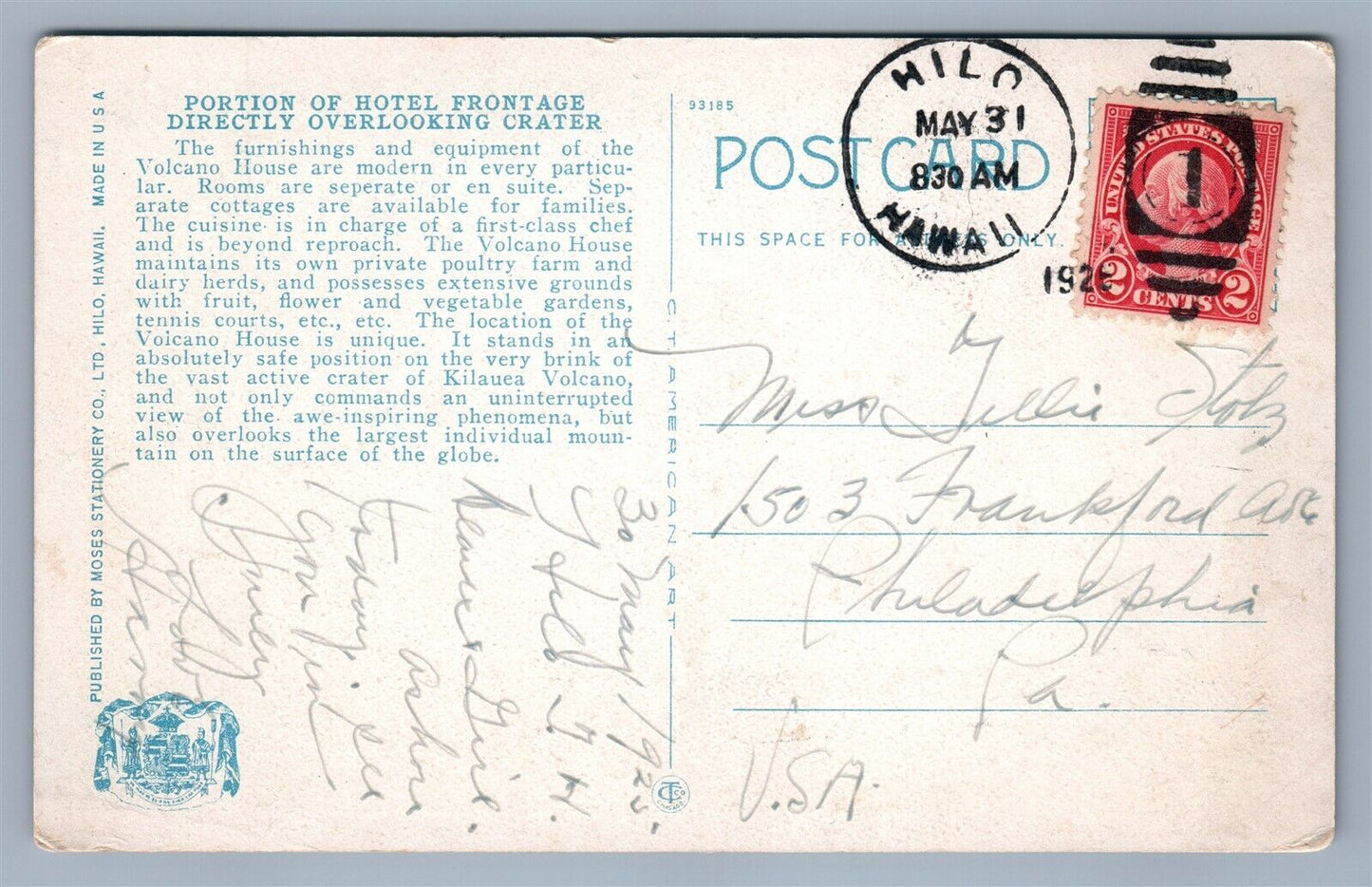 HAWAII VOLCANO HOUSE HOTEL 1925 ANTIQUE POSTCARD w/ CORK CANCEL