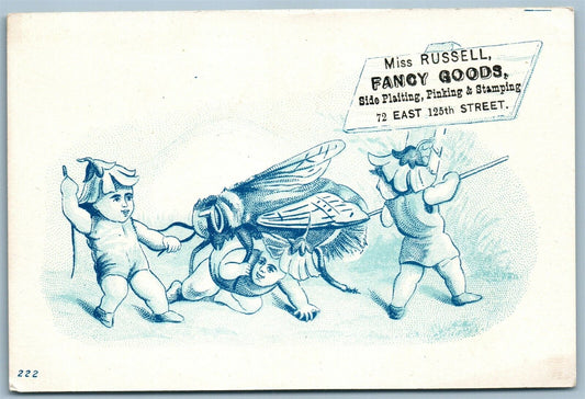 FANCY GOODS FIGHT w/ GIANT FLY ANTIQUE ADVERTISING VICTORIAN TRADE CARD