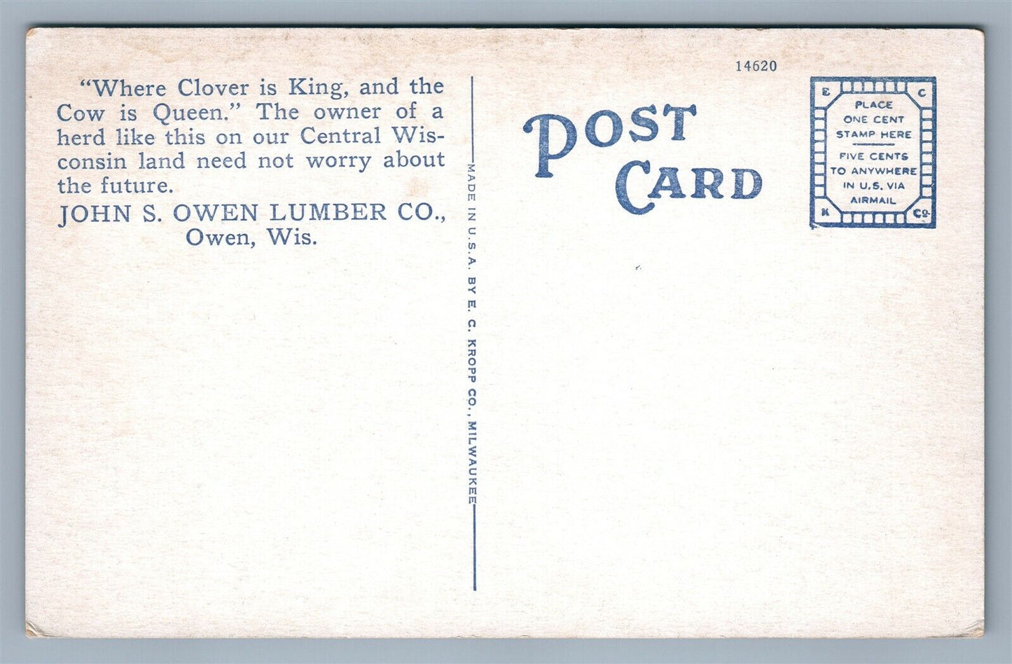 OWEN WI JOHN OWEN LUMBER COMPANY LAND DEPARTMENT ANTIQUE POSTCARD