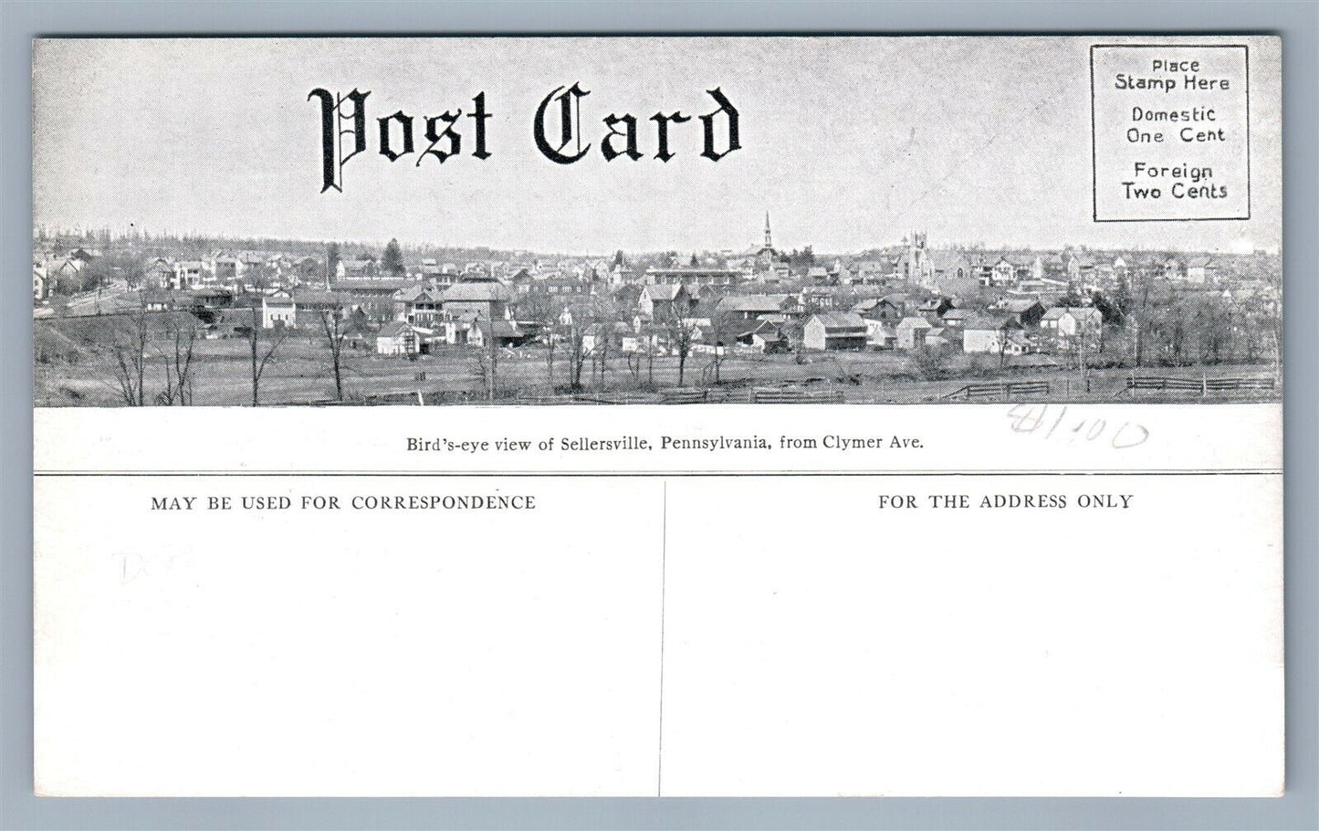 SELLERSVILLE PA MAIN STREET DOUBLE SIDED ANTIQUE POSTCARD