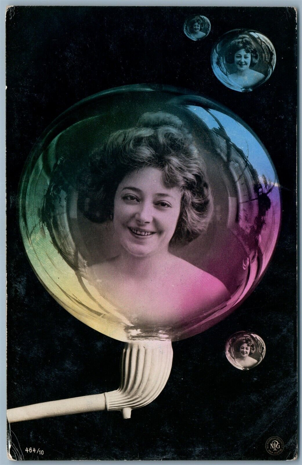 PHOTOMONTAGE GIRL in SOAP BUBBLE PIPE ANTIQUE REAL PHOTO POSTCARD RPPC