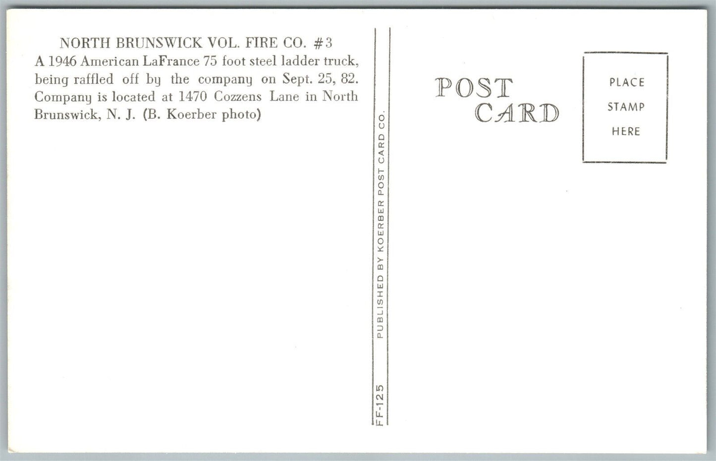 NORTH BRUNSWICK N.J. FIRE COMPANY LADDER TRUCK VINTAGE POSTCARD