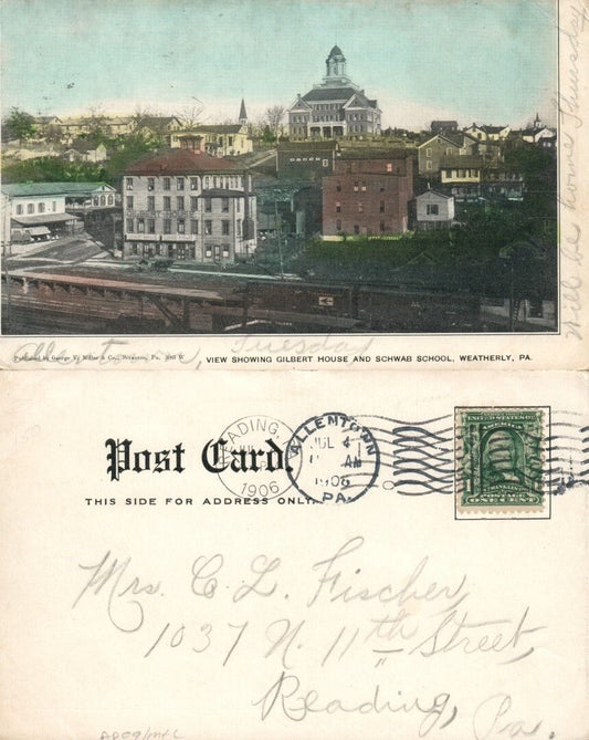 WEATHERLY PA GILBERT HOUSE & SCHWAB SCHOOL 1906 UNDIVIDED ANTIQUE POSTCARD