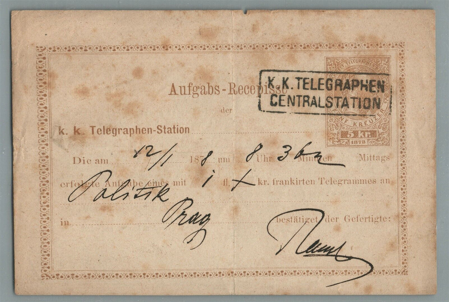 AUSTRIA - PRAGUE CZECHOSLOVAKIA ANTIQUE TELEGRAPH CARD w/ 1878 5kr STAMP