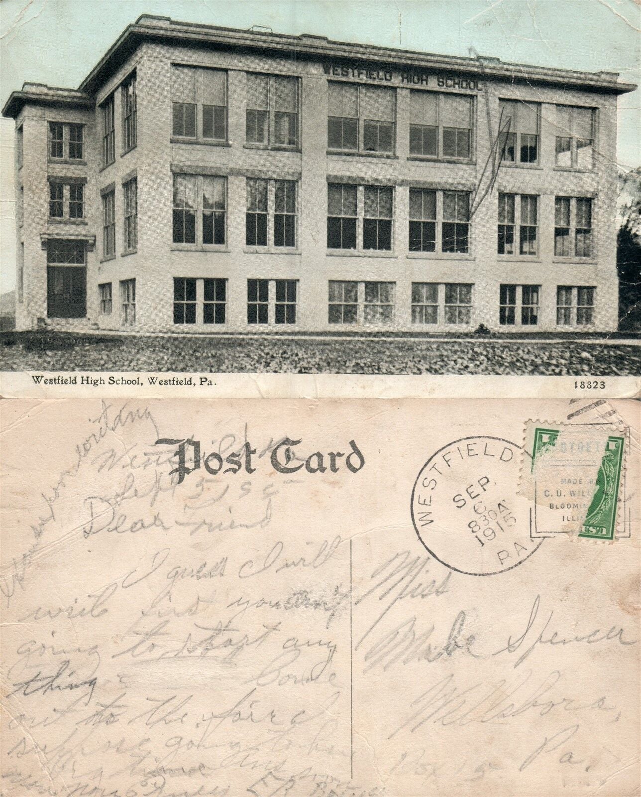 WESTFIELD PA HIGH SCHOOL 1915 ANTIQUE POSTCARD w/ CORK CANCEL