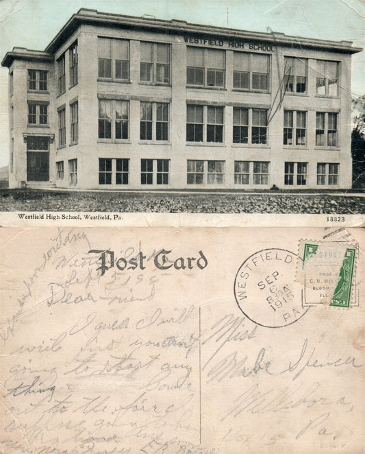 WESTFIELD PA HIGH SCHOOL 1915 ANTIQUE POSTCARD w/ CORK CANCEL