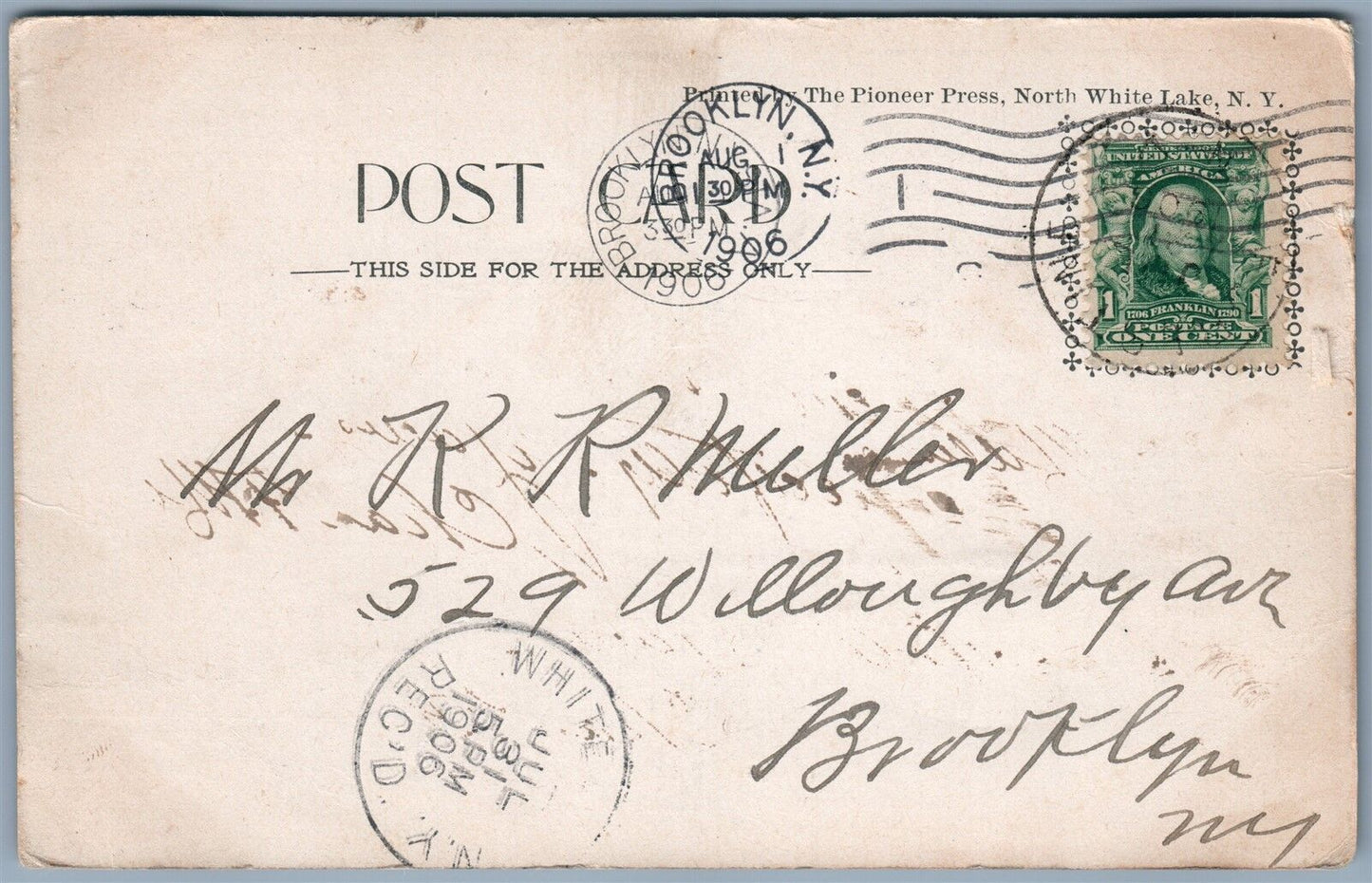 WHITE LAKE NY KAUNEONGA INN 1906 UNDIVIDED ANTIQUE POSTCARD