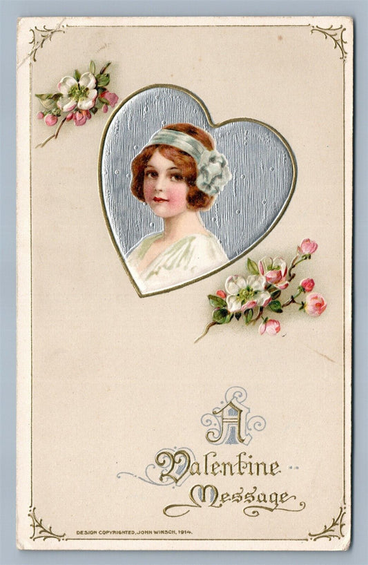 VALENTINE MESSAGE 1914 ANTIQUE EMBOSSED SAMUEL SCHMUCKER POSTCARD by JOHN WINSCH