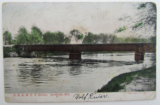 ANTIQUE 1907 POSTCARD G.B. & W.R.R. BRIDGE SHIOCTON WIS railroad railway