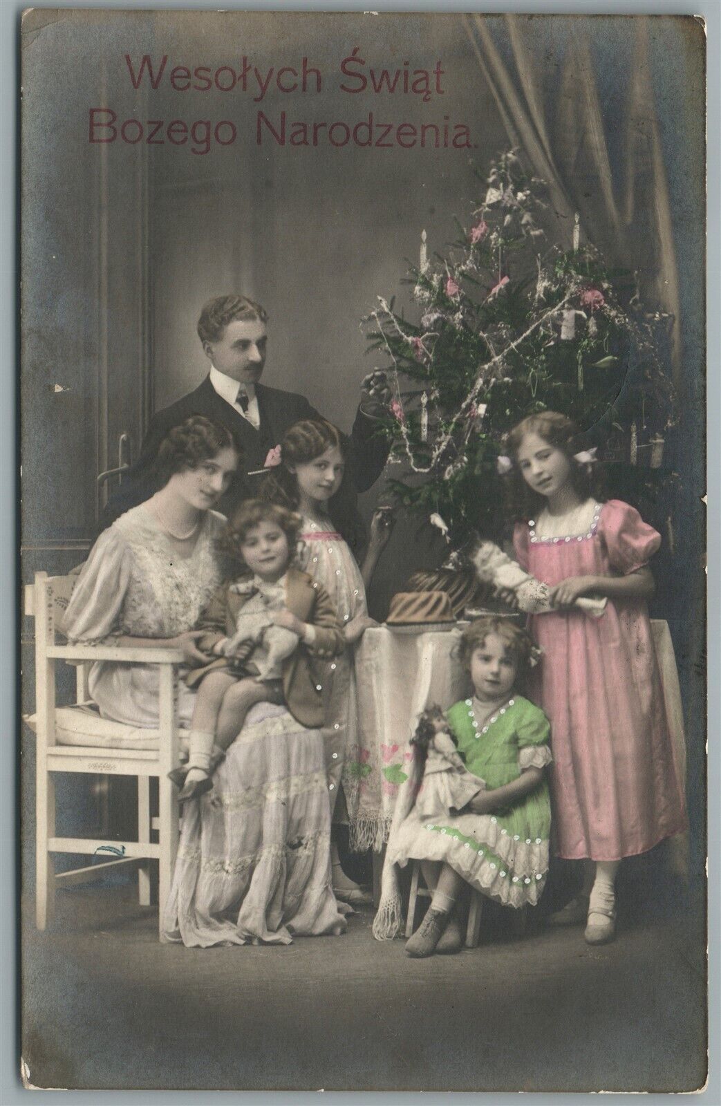 DECORATED CHRISTMAS TREE ANTIQUE REAL PHOTO POSTCARD RPPC w/ POLISH TEXT