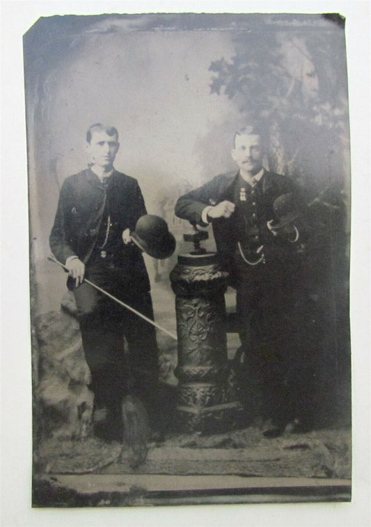 2 MEN w HATS & WALKING STICK LARGE ANTIUQE TIN TYPE PHOTO tintype