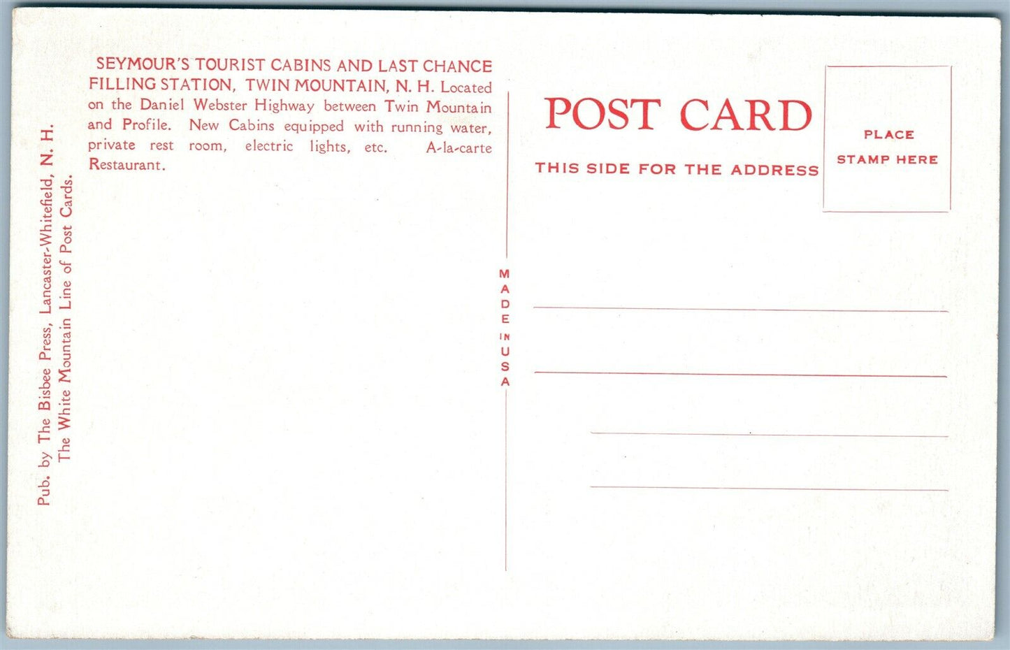 TWIN MOUNTAIN NH GAS STATION SEYMOUR'S TOURIST CAMP ANTIQUE POSTCARD