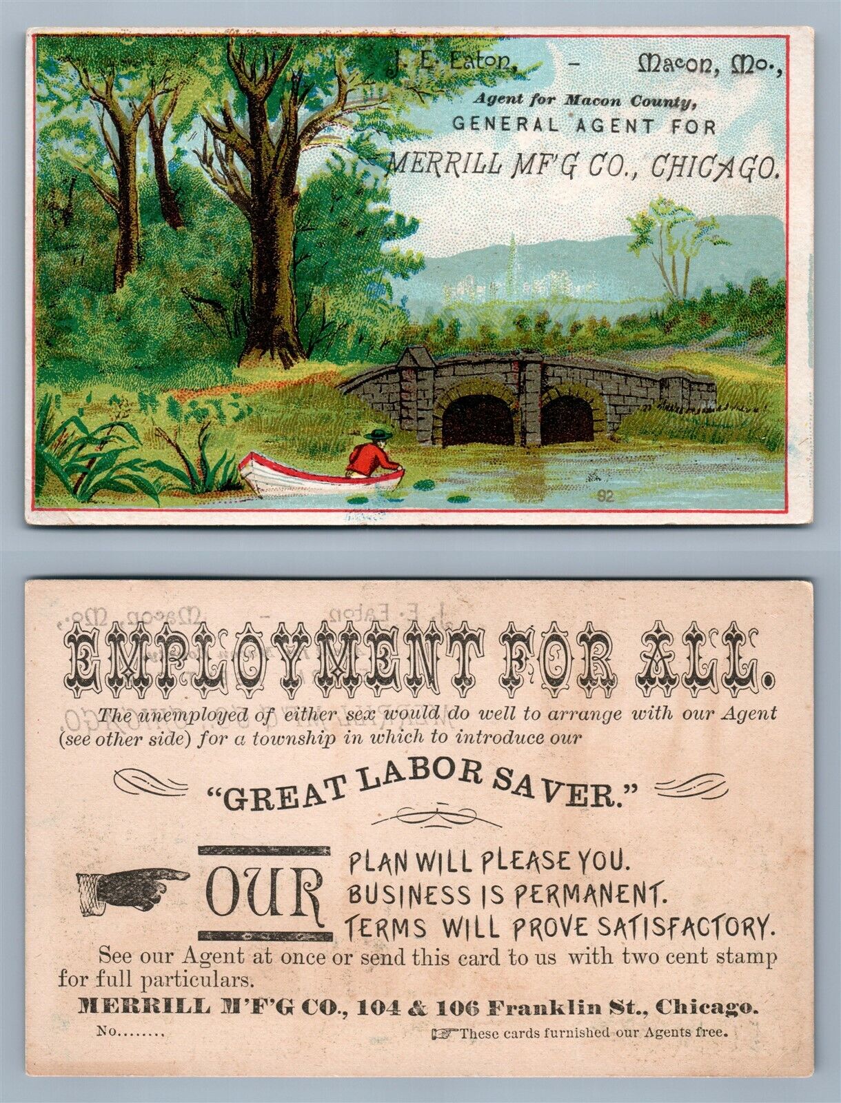 VICTORIAN TRADE CARD MERRILL MFG CHICAGO IL EMPLOYMENT FOR ALL antique