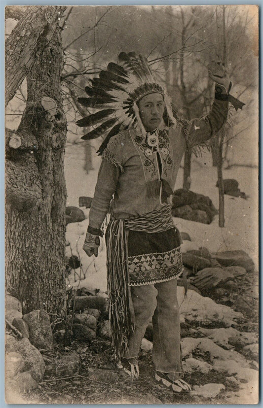 AMERICAN INDIAN THROWING STONE WINTER SCENE ANTIQUE REAL PHOTO POSTCARD RPPC