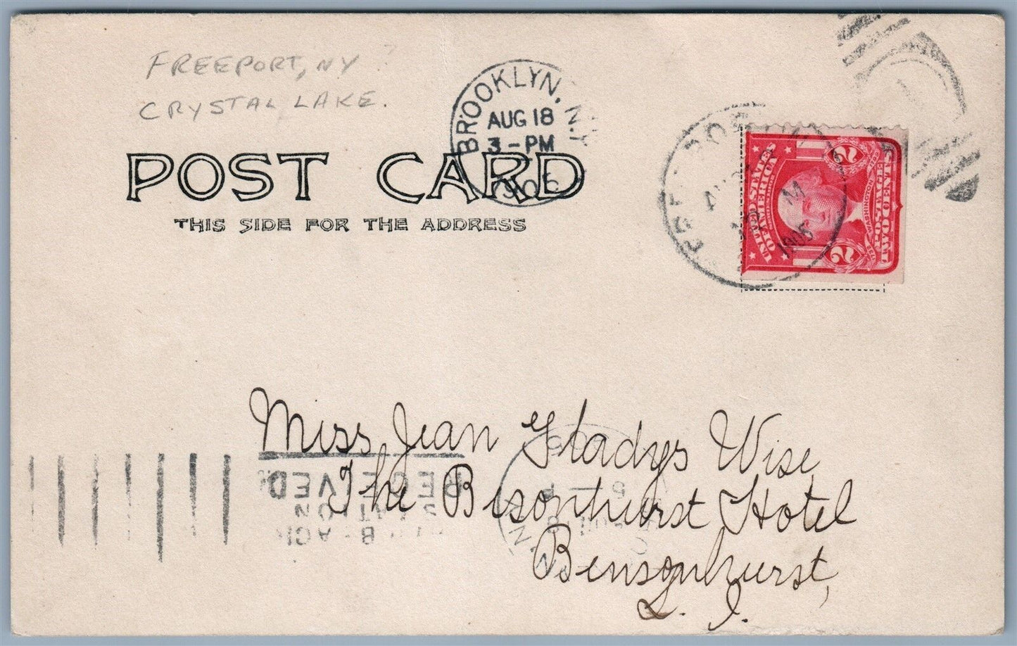 FREEPORT NY CRYSTAL LAKE HOTEL 1906 ANTIQUE REAL PHOTO POSTCARD RPPC CORK STAMP