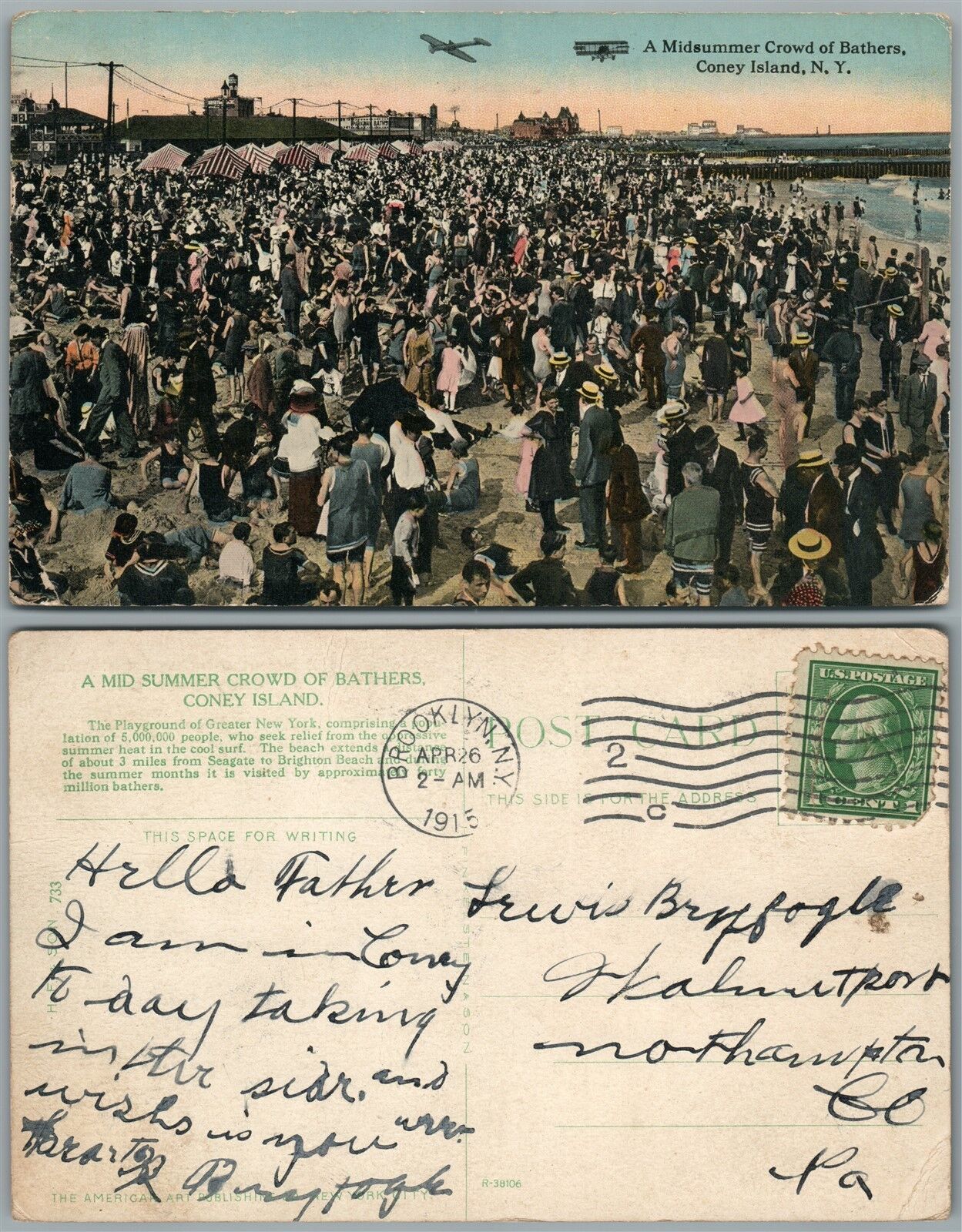 BROOKLYN CONEY ISLAND N.Y. MIDSUMMER CROWD OF BATHERS ANTIQUE 1915 POSTCARD