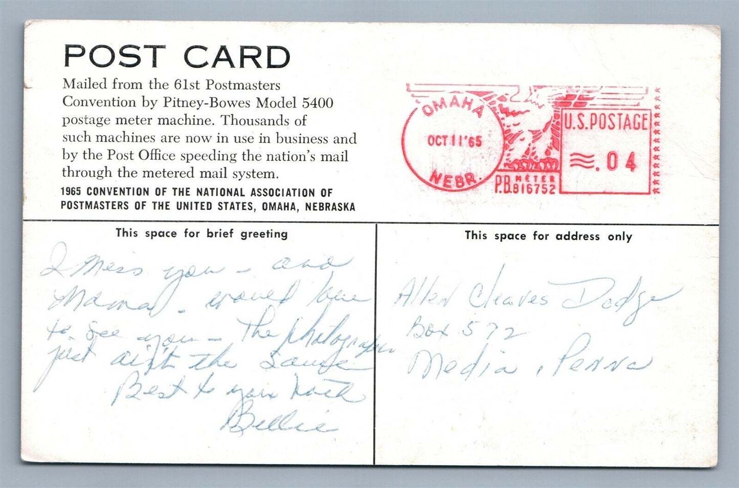 OMAHA NE POSTAGE METER MACHINE PITNEY- BOWES ADVERTISING VINTAGE POSTCARD