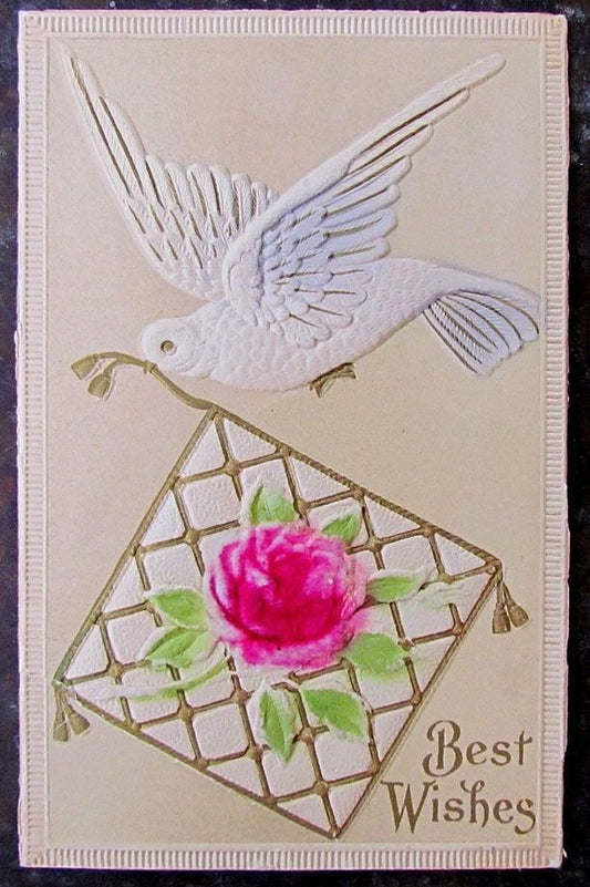 ANTIQUE EMBOSSED POSTCARD w/ DOVE BEST WISHES GREETING CARD