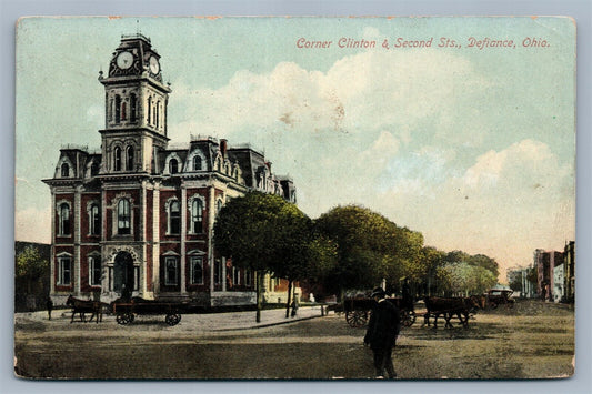 DEFIANCE OH CLINTON & SECOND STREETS 1910 ANTIQUE POSTCARD