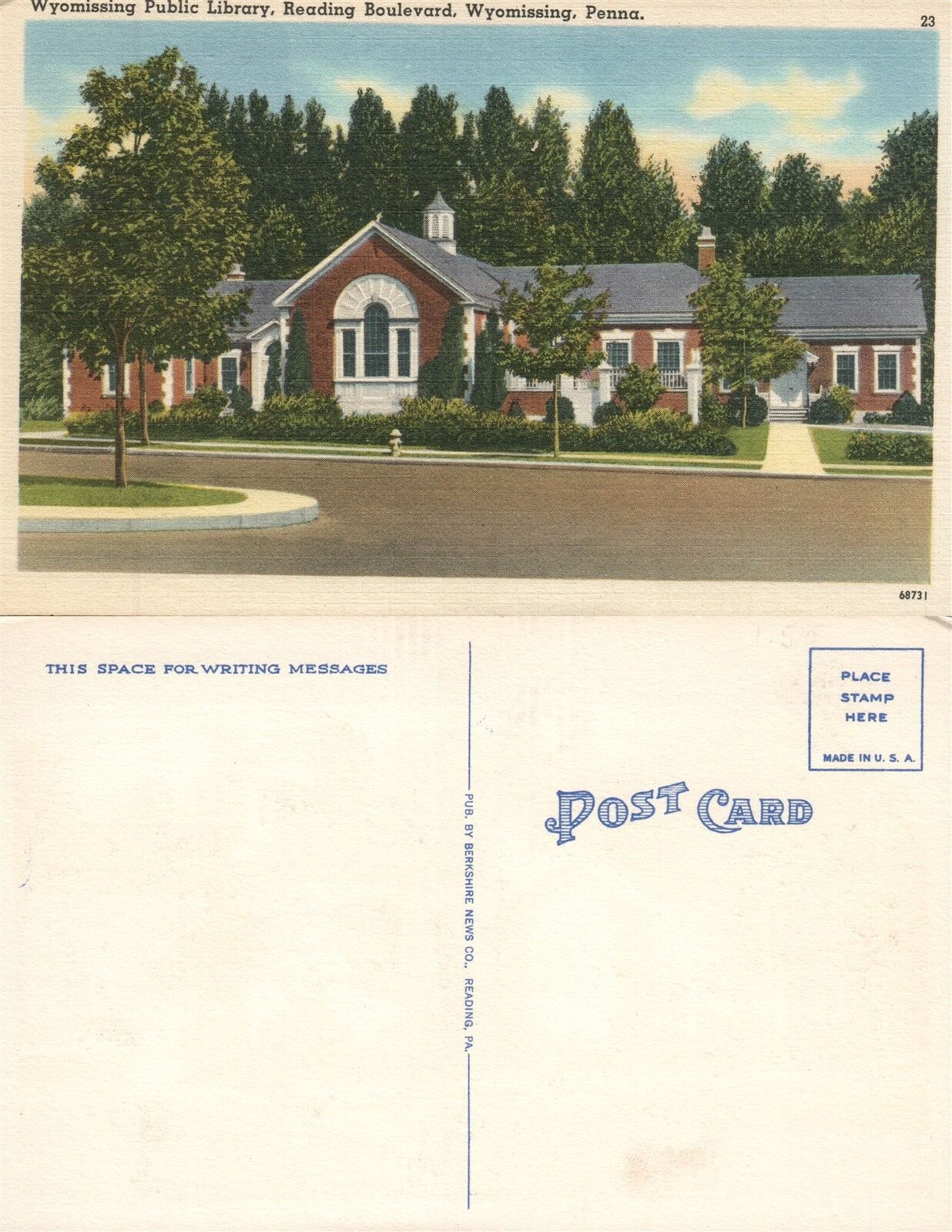 WYOMISSING PA PUBLIC LIBRARY READING BOULEVARD VINTAGE POSTCARD
