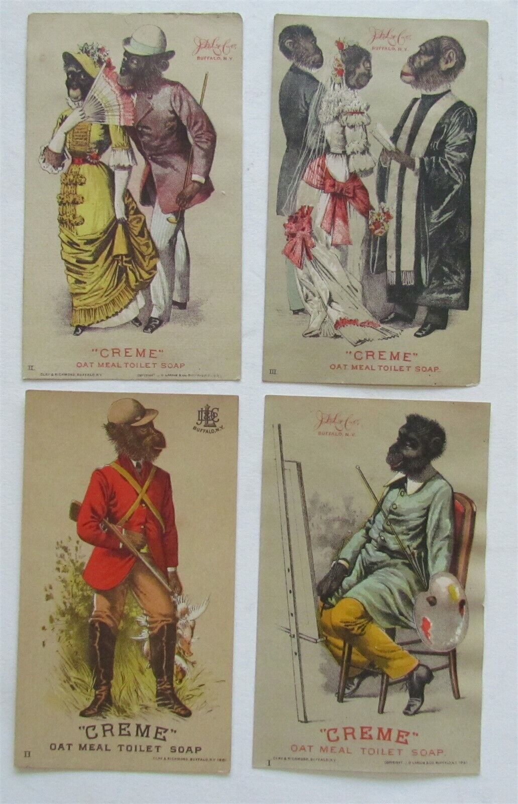 DRESSED MONKEYS BUFFALO NY SET of 4 ANTIQUE VICTORIAN TRADE CARDS ADVERTISING