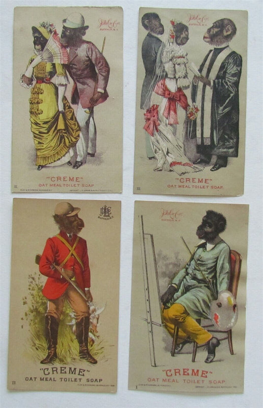 DRESSED MONKEYS BUFFALO NY SET of 4 ANTIQUE VICTORIAN TRADE CARDS ADVERTISING