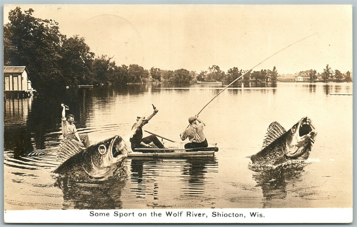 SHIOCTON WI WOLD RIVER EXAGGERATED FISHING ANTIQUE REAL PHOTO RPPC CORK STAMP