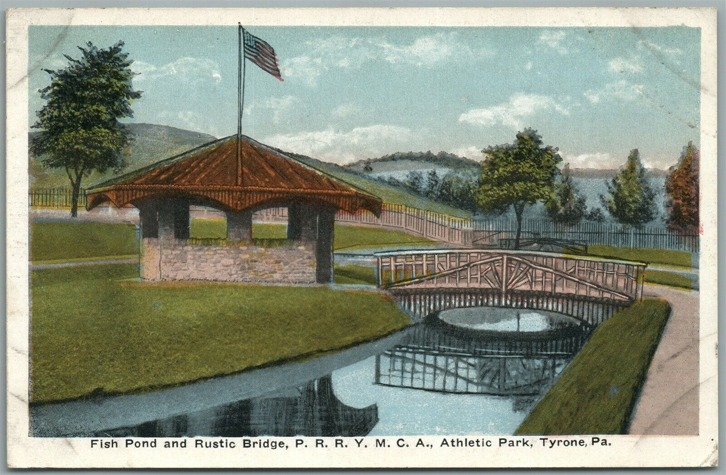 TYRONE PA FISH POND & RUSTIC BRIDGE ANTIQUE POSTCARD