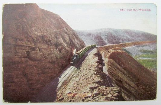 VINTAGE 1911 POSTCARD FISH CUT WYOMING TRAIN railroad railway