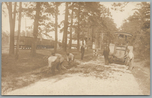 TRACTOR ROAD REPAIR RAILROAD CARS ANTIQUE REAL PHOTO POSTCARD RPPC