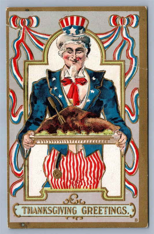 UNCLE SAM SERVING TURKEY THANKSGIVING GREETINGS ANTIQUE POSTCARD PATRIOTIC