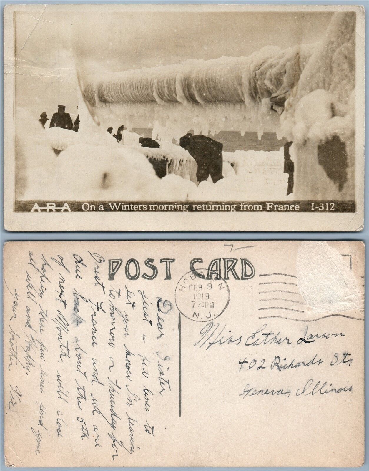 RETURNING FROM FRANCE MEN ON SHIP REMOVING ICE ANTIQUE REAL PHOTO POSTCARD RPPC