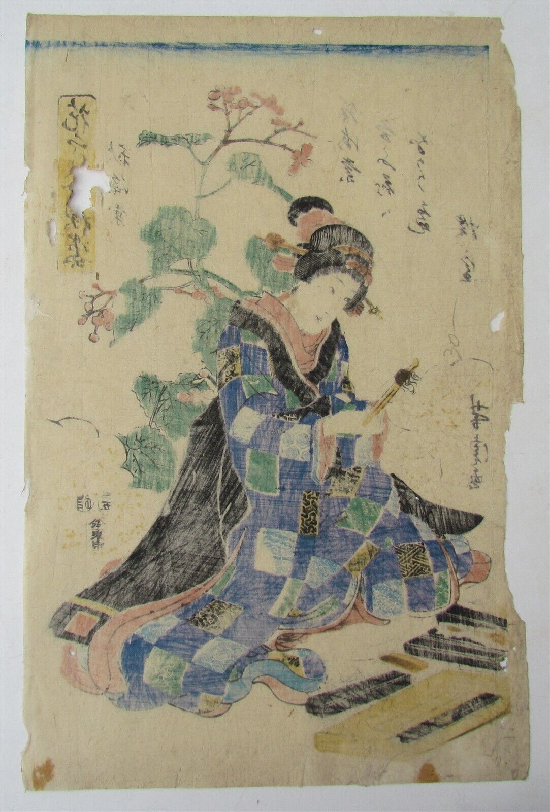 JAPANESE WOODBLOCK PRINT antique GEISHA in the GARDEN