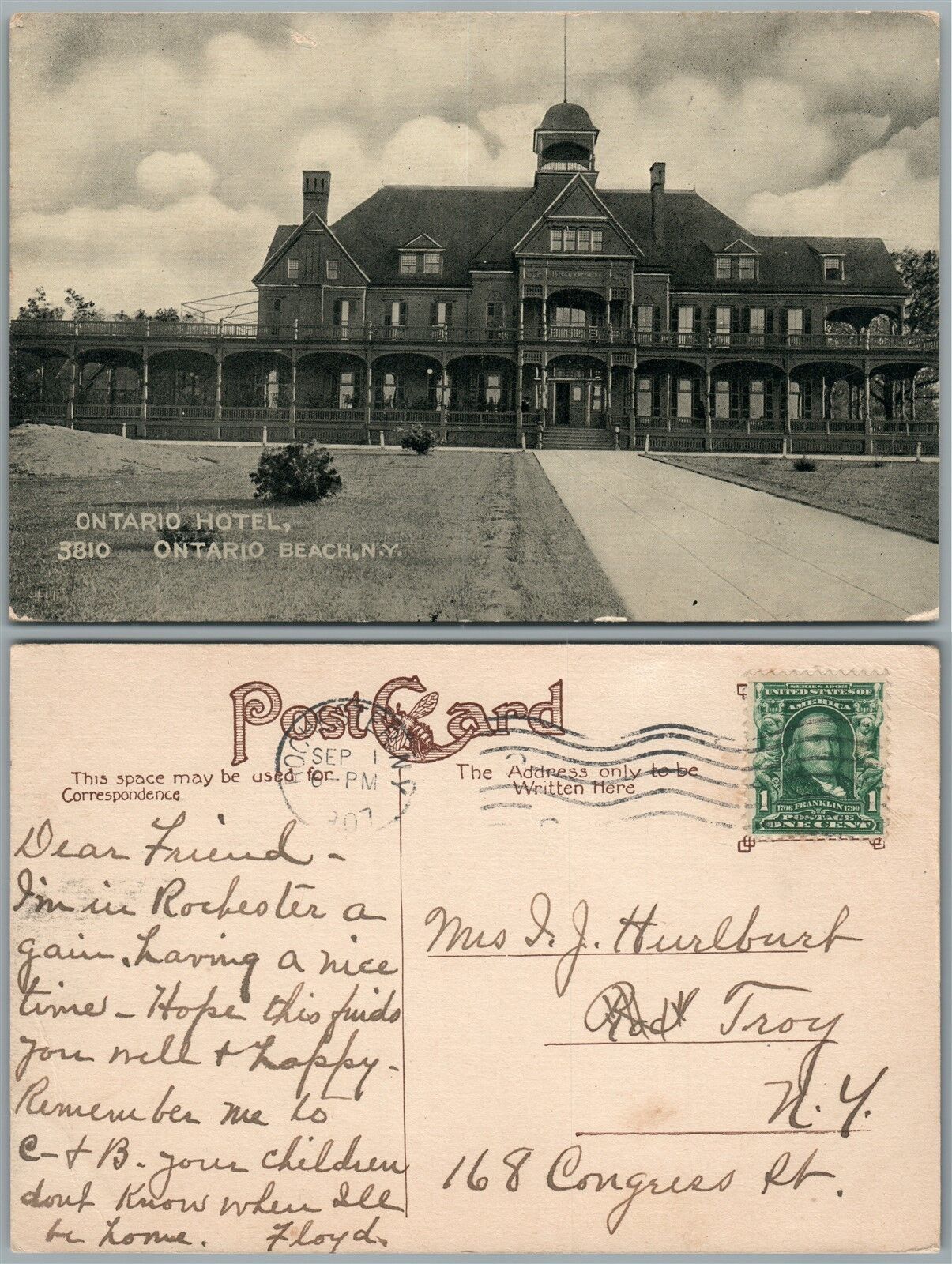 ONTARIO BEACH N.Y. ONTARIO HOTEL 1907 ANTIQUE POSTCARD