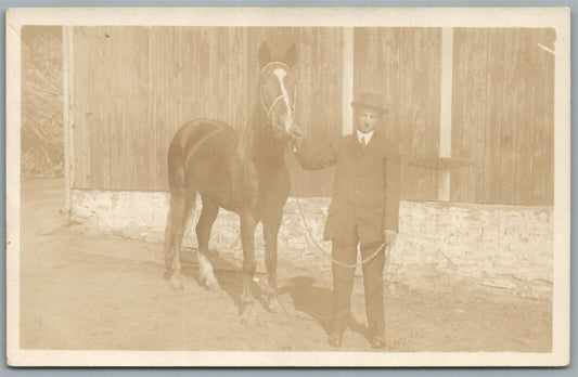 HORSE w/ YOUNG MAN ANTIQUE REAL PHOTO POSTCARD RPPC